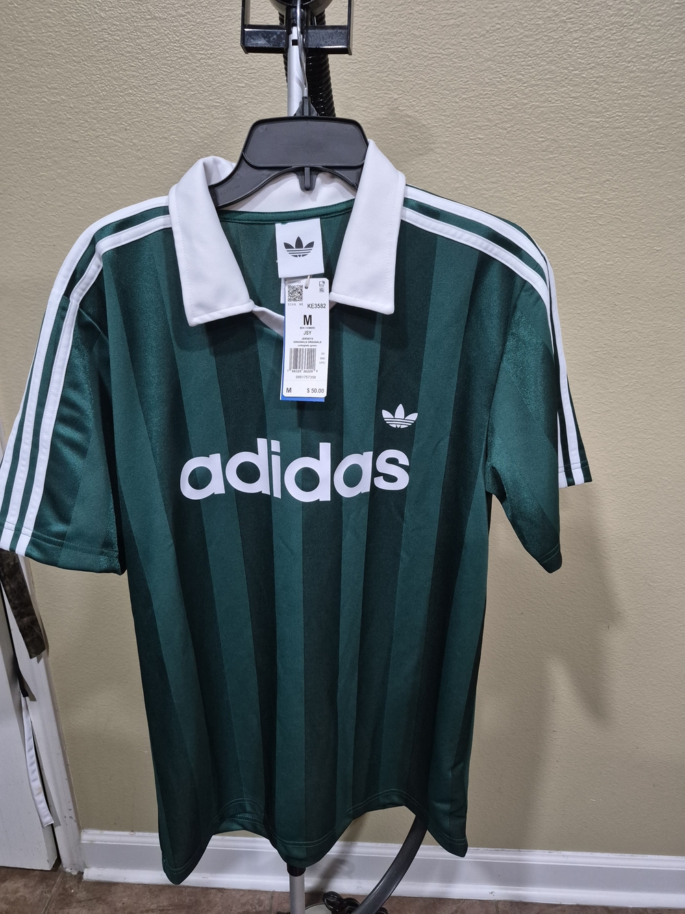 adidas Green Striped Trefoil Soccer Jersey with White Collar
